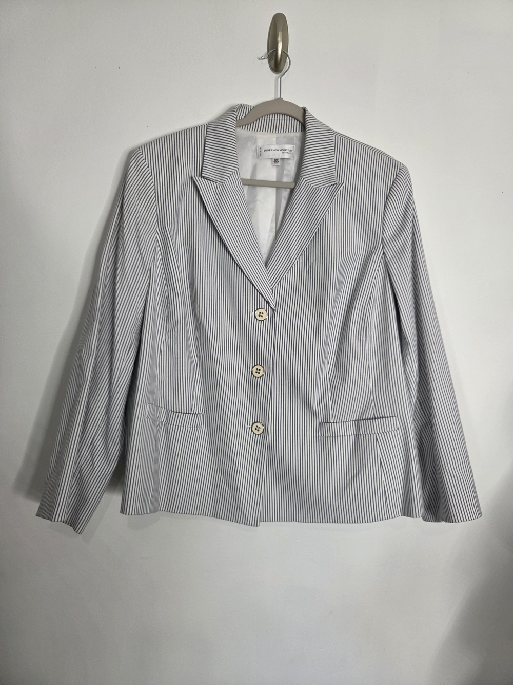 Jones New York Woman 22W Navy White Stripe Stretch Cotton Blazer Jacket 3-Button